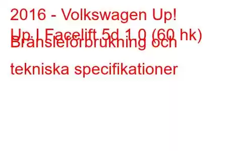 2016 - Volkswagen Up!
Up I Facelift 5d 1.0 (60 hk) Bränsleförbrukning och tekniska specifikationer