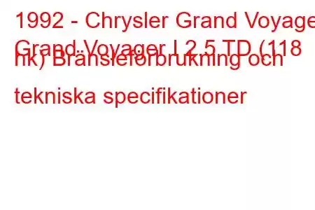 1992 - Chrysler Grand Voyager
Grand Voyager I 2.5 TD (118 hk) Bränsleförbrukning och tekniska specifikationer