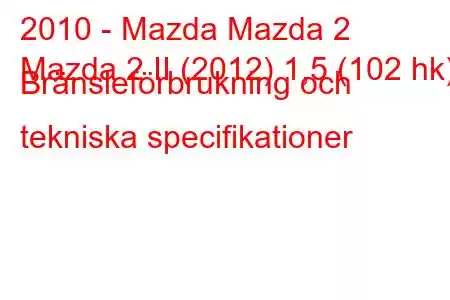 2010 - Mazda Mazda 2
Mazda 2 II (2012) 1,5 (102 hk) Bränsleförbrukning och tekniska specifikationer