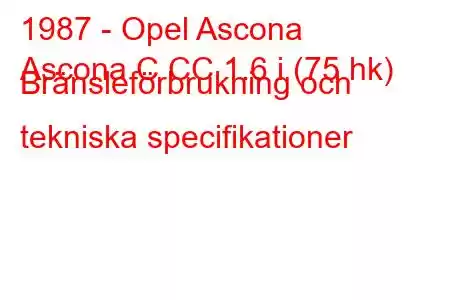 1987 - Opel Ascona
Ascona C CC 1.6 i (75 hk) Bränsleförbrukning och tekniska specifikationer