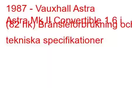 1987 - Vauxhall Astra
Astra Mk II Convertible 1,6 i (82 hk) Bränsleförbrukning och tekniska specifikationer