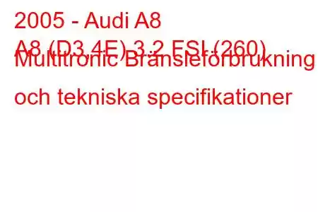 2005 - Audi A8
A8 (D3,4E) 3.2 FSI (260) Multitronic Bränsleförbrukning och tekniska specifikationer