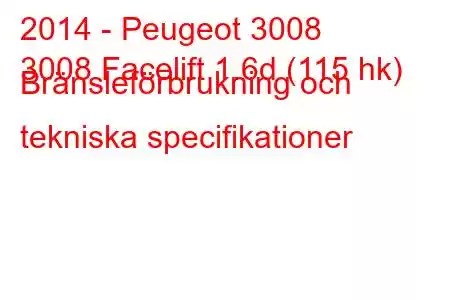 2014 - Peugeot 3008
3008 Facelift 1.6d (115 hk) Bränsleförbrukning och tekniska specifikationer