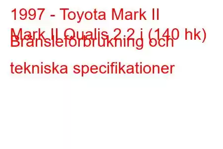 1997 - Toyota Mark II
Mark II Qualis 2.2 i (140 hk) Bränsleförbrukning och tekniska specifikationer