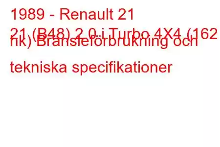 1989 - Renault 21
21 (B48) 2.0 i Turbo 4X4 (162 hk) Bränsleförbrukning och tekniska specifikationer