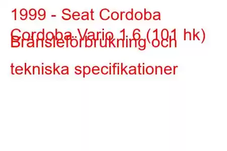 1999 - Seat Cordoba
Cordoba Vario 1.6 (101 hk) Bränsleförbrukning och tekniska specifikationer