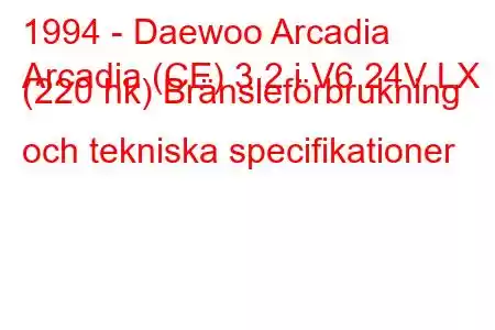 1994 - Daewoo Arcadia
Arcadia (CE) 3.2 i V6 24V LX (220 hk) Bränsleförbrukning och tekniska specifikationer