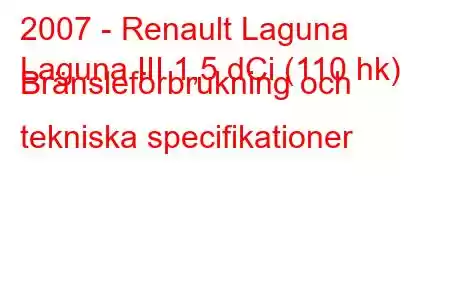 2007 - Renault Laguna
Laguna III 1,5 dCi (110 hk) Bränsleförbrukning och tekniska specifikationer