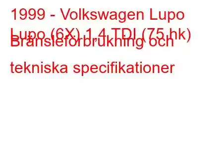 1999 - Volkswagen Lupo
Lupo (6X) 1,4 TDI (75 hk) Bränsleförbrukning och tekniska specifikationer