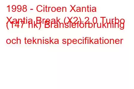 1998 - Citroen Xantia
Xantia Break (X2) 2.0 Turbo (147 hk) Bränsleförbrukning och tekniska specifikationer