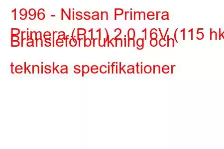 1996 - Nissan Primera
Primera (P11) 2.0 16V (115 hk) Bränsleförbrukning och tekniska specifikationer