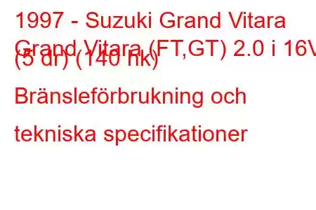 1997 - Suzuki Grand Vitara
Grand Vitara (FT,GT) 2.0 i 16V (5 dr) (140 hk) Bränsleförbrukning och tekniska specifikationer