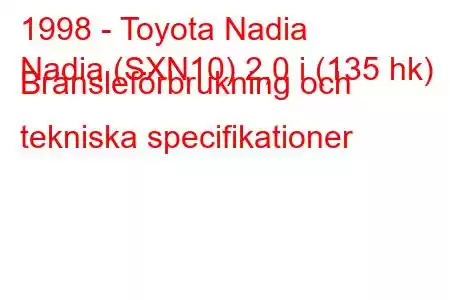 1998 - Toyota Nadia
Nadia (SXN10) 2,0 i (135 hk) Bränsleförbrukning och tekniska specifikationer