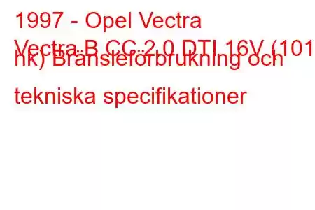 1997 - Opel Vectra
Vectra B CC 2.0 DTI 16V (101 hk) Bränsleförbrukning och tekniska specifikationer