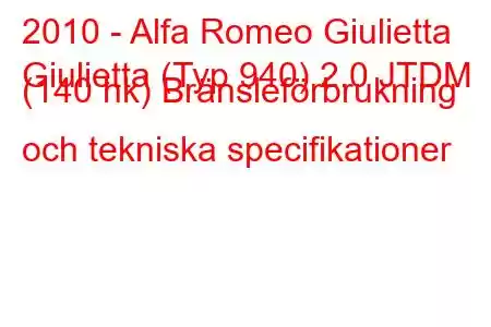 2010 - Alfa Romeo Giulietta
Giulietta (Typ 940) 2.0 JTDM (140 hk) Bränsleförbrukning och tekniska specifikationer