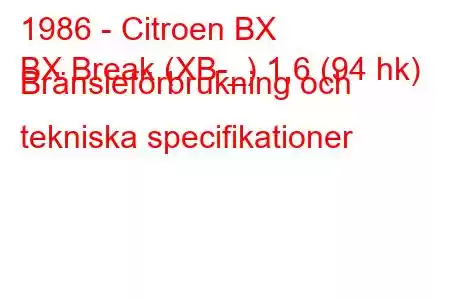 1986 - Citroen BX
BX Break (XB-_) 1,6 (94 hk) Bränsleförbrukning och tekniska specifikationer