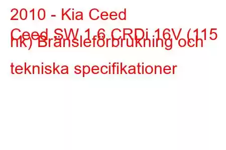 2010 - Kia Ceed
Ceed SW 1.6 CRDi 16V (115 hk) Bränsleförbrukning och tekniska specifikationer