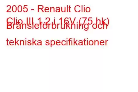 2005 - Renault Clio
Clio III 1.2 i 16V (75 hk) Bränsleförbrukning och tekniska specifikationer