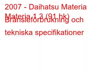 2007 - Daihatsu Materia
Materia 1.3 (91 hk) Bränsleförbrukning och tekniska specifikationer