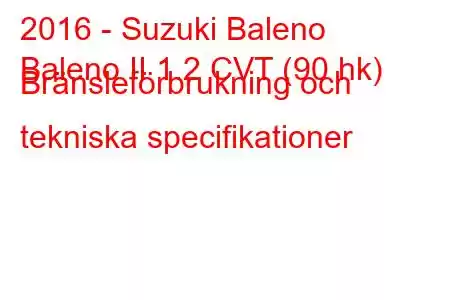 2016 - Suzuki Baleno
Baleno II 1.2 CVT (90 hk) Bränsleförbrukning och tekniska specifikationer