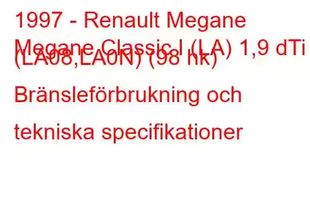 1997 - Renault Megane
Megane Classic I (LA) 1,9 dTi (LA08,LA0N) (98 hk) Bränsleförbrukning och tekniska specifikationer