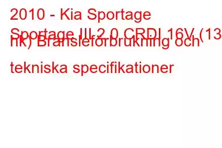 2010 - Kia Sportage
Sportage III 2.0 CRDI 16V (136 hk) Bränsleförbrukning och tekniska specifikationer