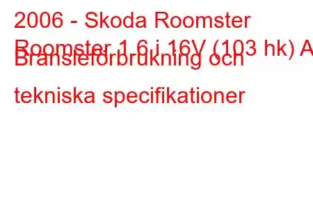 2006 - Skoda Roomster
Roomster 1.6 i 16V (103 hk) AT Bränsleförbrukning och tekniska specifikationer