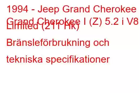 1994 - Jeep Grand Cherokee
Grand Cherokee I (Z) 5.2 i V8 Limited (211 Hk) Bränsleförbrukning och tekniska specifikationer