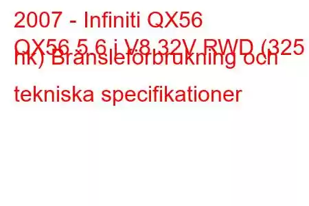 2007 - Infiniti QX56
QX56 5.6 i V8 32V RWD (325 hk) Bränsleförbrukning och tekniska specifikationer