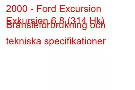 2000 - Ford Excursion
Exkursion 6,8 (314 Hk) Bränsleförbrukning och tekniska specifikationer