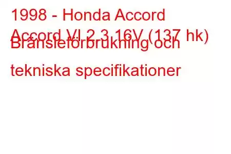 1998 - Honda Accord
Accord VI 2.3 16V (137 hk) Bränsleförbrukning och tekniska specifikationer