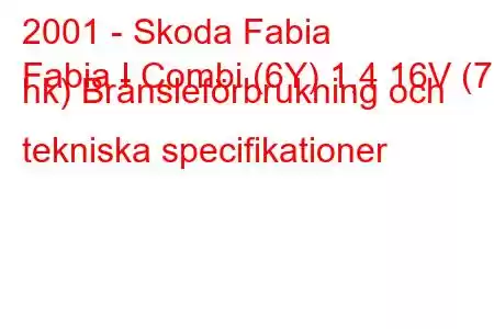 2001 - Skoda Fabia
Fabia I Combi (6Y) 1,4 16V (75 hk) Bränsleförbrukning och tekniska specifikationer