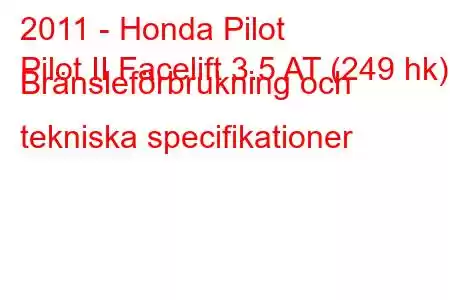 2011 - Honda Pilot
Pilot II Facelift 3.5 AT (249 hk) Bränsleförbrukning och tekniska specifikationer