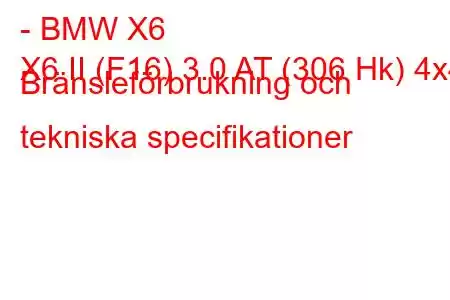 - BMW X6
X6 II (F16) 3.0 AT (306 Hk) 4x4 Bränsleförbrukning och tekniska specifikationer