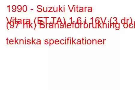 1990 - Suzuki Vitara
Vitara (ET,TA) 1,6 i 16V (3 dr) (97 hk) Bränsleförbrukning och tekniska specifikationer