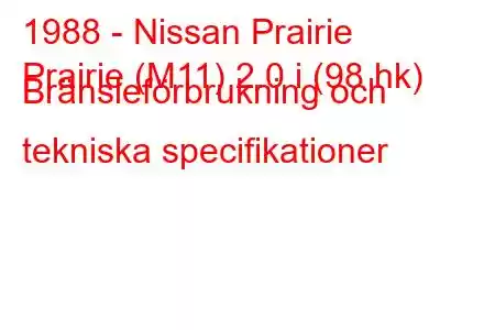 1988 - Nissan Prairie
Prairie (M11) 2.0 i (98 hk) Bränsleförbrukning och tekniska specifikationer