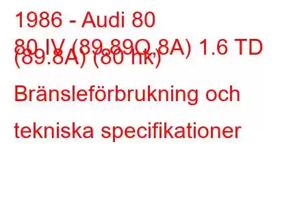 1986 - Audi 80
80 IV (89.89Q,8A) 1.6 TD (89.8A) (80 hk) Bränsleförbrukning och tekniska specifikationer