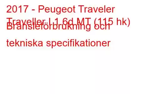 2017 - Peugeot Traveler
Traveller I 1.6d MT (115 hk) Bränsleförbrukning och tekniska specifikationer