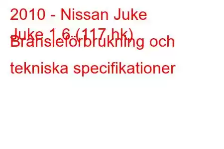 2010 - Nissan Juke
Juke 1.6 (117 hk) Bränsleförbrukning och tekniska specifikationer