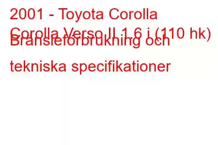 2001 - Toyota Corolla
Corolla Verso II 1.6 i (110 hk) Bränsleförbrukning och tekniska specifikationer