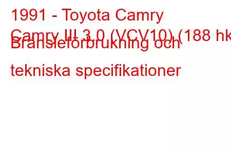 1991 - Toyota Camry
Camry III 3.0 (VCV10) (188 hk) Bränsleförbrukning och tekniska specifikationer