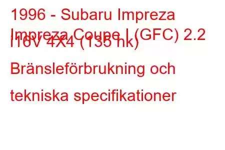 1996 - Subaru Impreza
Impreza Coupe I (GFC) 2.2 i16V 4X4 (135 hk) Bränsleförbrukning och tekniska specifikationer