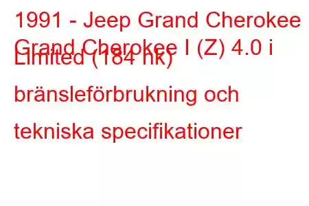 1991 - Jeep Grand Cherokee
Grand Cherokee I (Z) 4.0 i Limited (184 hk) bränsleförbrukning och tekniska specifikationer