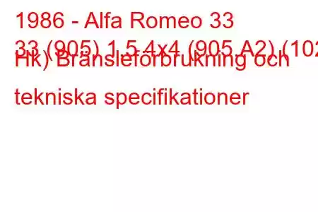 1986 - Alfa Romeo 33
33 (905) 1,5 4x4 (905.A2) (102 Hk) Bränsleförbrukning och tekniska specifikationer