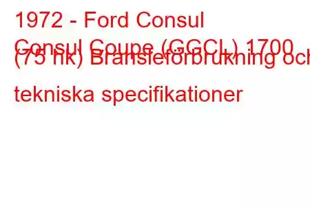 1972 - Ford Consul
Consul Coupe (GGCL) 1700 (75 hk) Bränsleförbrukning och tekniska specifikationer