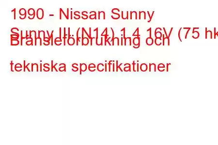 1990 - Nissan Sunny
Sunny III (N14) 1,4 16V (75 hk) Bränsleförbrukning och tekniska specifikationer