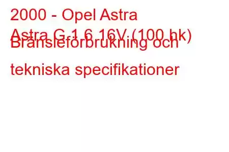 2000 - Opel Astra
Astra G 1.6 16V (100 hk) Bränsleförbrukning och tekniska specifikationer