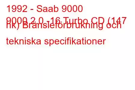 1992 - Saab 9000
9000 2.0 -16 Turbo CD (147 hk) Bränsleförbrukning och tekniska specifikationer