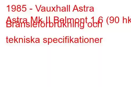 1985 - Vauxhall Astra
Astra Mk II Belmont 1,6 (90 hk) Bränsleförbrukning och tekniska specifikationer