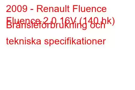 2009 - Renault Fluence
Fluence 2.0 16V (140 hk) Bränsleförbrukning och tekniska specifikationer